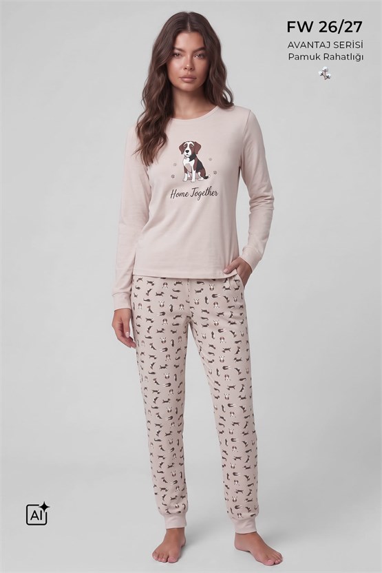 Mısırlı Kadın Pamuklu Baskılı Pijama Takım Ekru