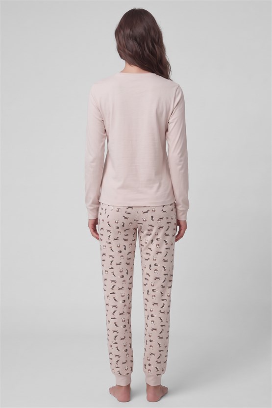 Mısırlı Kadın Pamuklu Baskılı Pijama Takım Ekru
