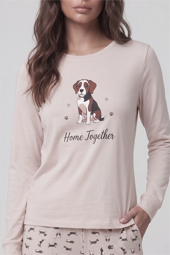 Mısırlı Kadın Pamuklu Baskılı Pijama Takım Ekru