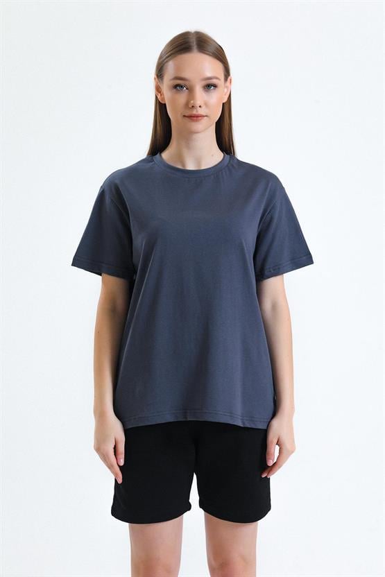 Mısırlı Kadın Pamuklu Bisiklet Yaka Füme Regular Fit Tişört M KTSHIRT RF F