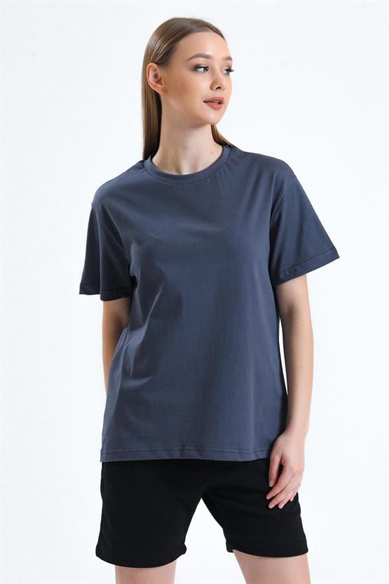 Mısırlı Kadın Pamuklu Bisiklet Yaka Füme Regular Fit Tişört M KTSHIRT RF F