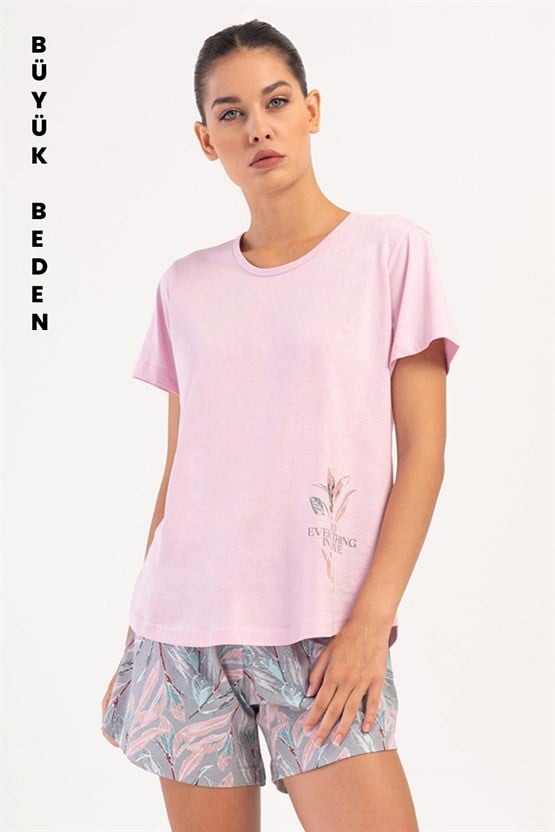 Mısırlı Kadın Pamuklu Büyük Beden Kısa Kol Şort Pijama Takımı Gül Kurusu