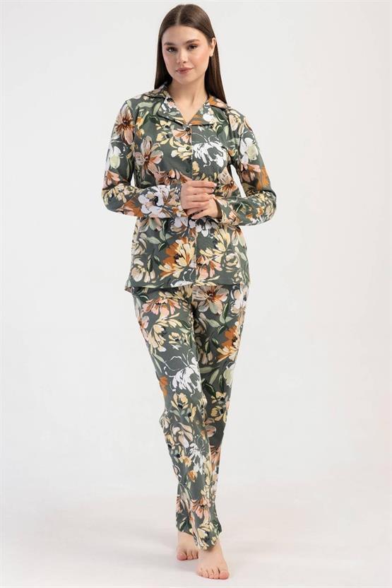 Mısırlı Kadın Pamuklu Çiçek Desenli Uzun Kollu Gömlek Pijama Takımı Yeşil