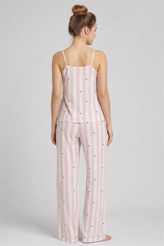 Mısırlı Kadın Pamuklu Çizgili Pijama Takım Pembe
