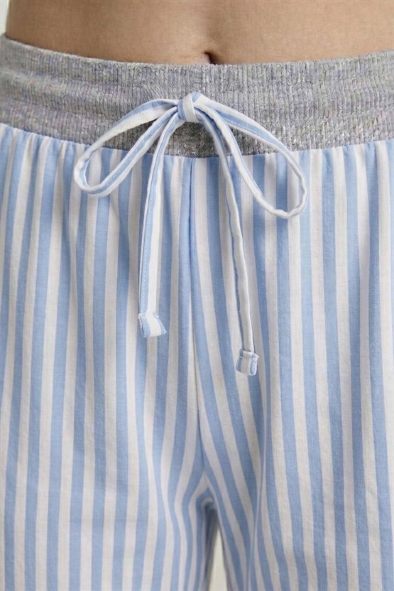 Mısırlı Kadın Pamuklu Çizgili Pijama Takım Gri/Mavi