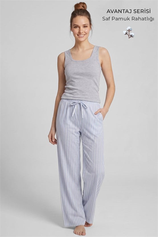 Mısırlı Kadın Pamuklu Çizgili Pijama Takım Gri/Mavi