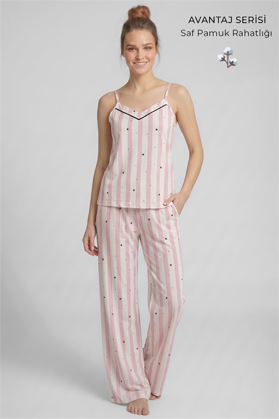 Mısırlı Kadın Pamuklu Çizgili Pijama Takım Açık Pembe