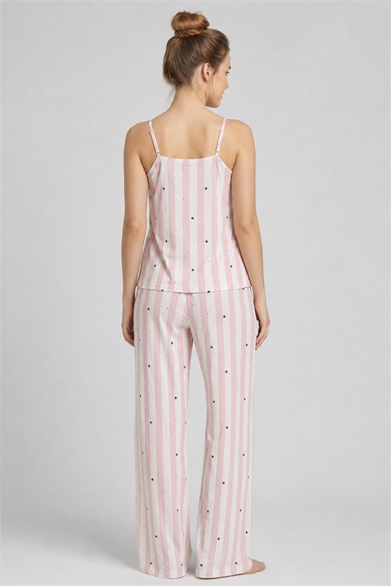 Mısırlı Kadın Pamuklu Çizgili Pijama Takım Açık Pembe