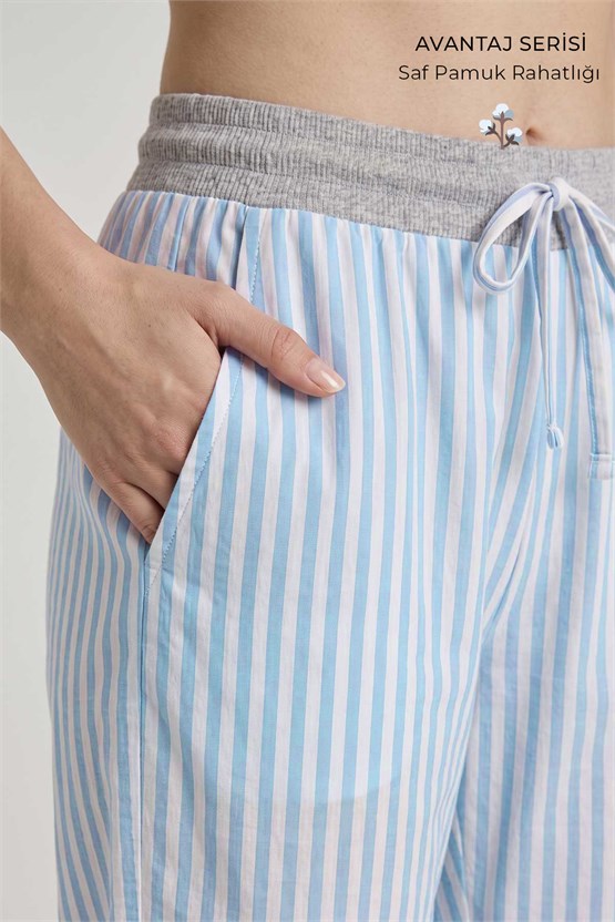 Mısırlı Kadın Pamuklu Çizgili Pijama Takım Gri/Mavi