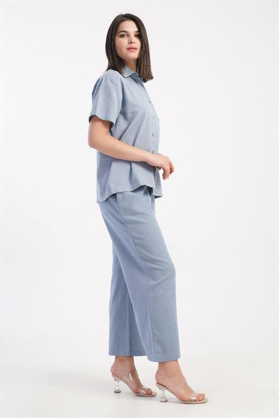 Mısırlı Kadın Pamuklu Dokuma Kısa Kollu Gömlek Takım Açık Mavi