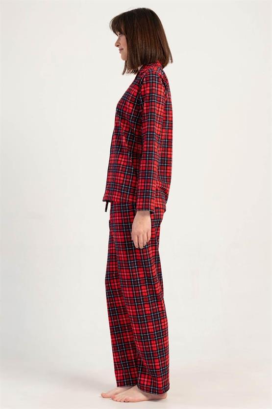 Mısırlı Kadın Pamuklu Ekoseli Uzun Kollu Gömlek Pijama Takımı Kırmızı