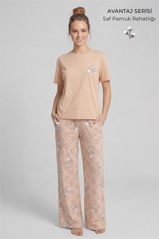 Mısırlı Kadın Pamuklu Pijama Takım Bej