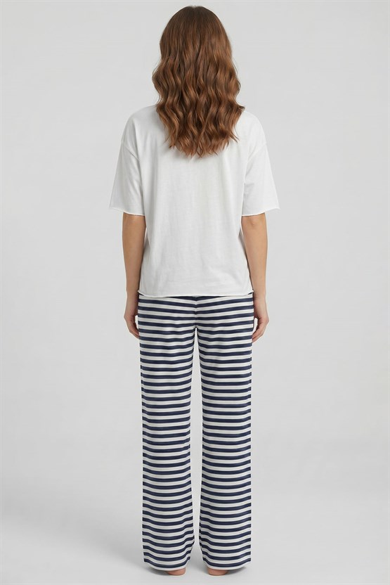 Mısırlı Kadın Pamuklu Pijama Takım Beyaz-Lacivert