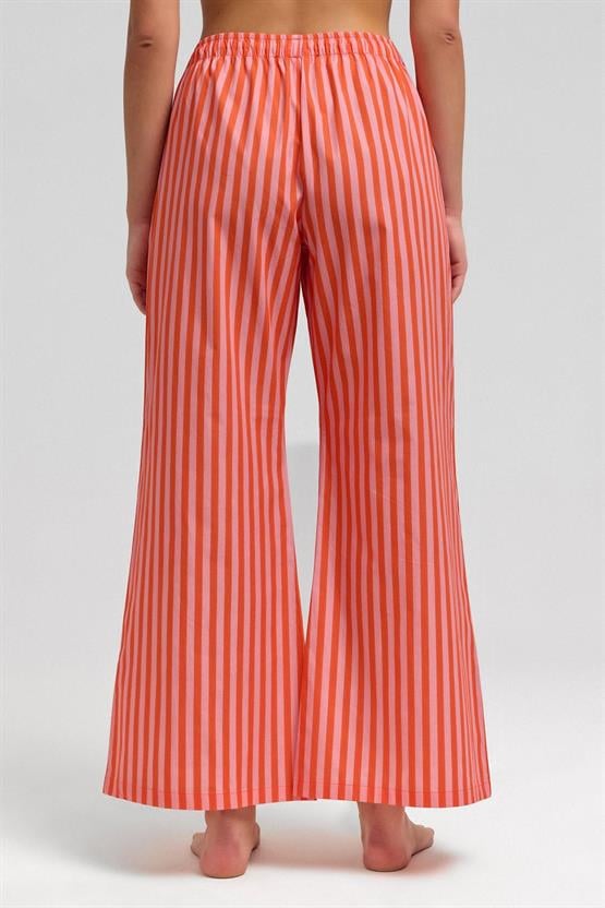 Mısırlı Kadın Pamuklu Poplin Çizgili Pijama Altı / Pantolon Turuncu-Pembe