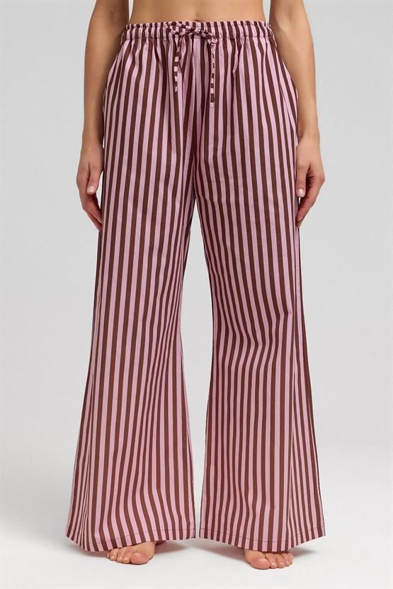 Mısırlı Kadın Pamuklu Poplin Çizgili Pijama Altı / Pantolon Kahverengi/Pembe