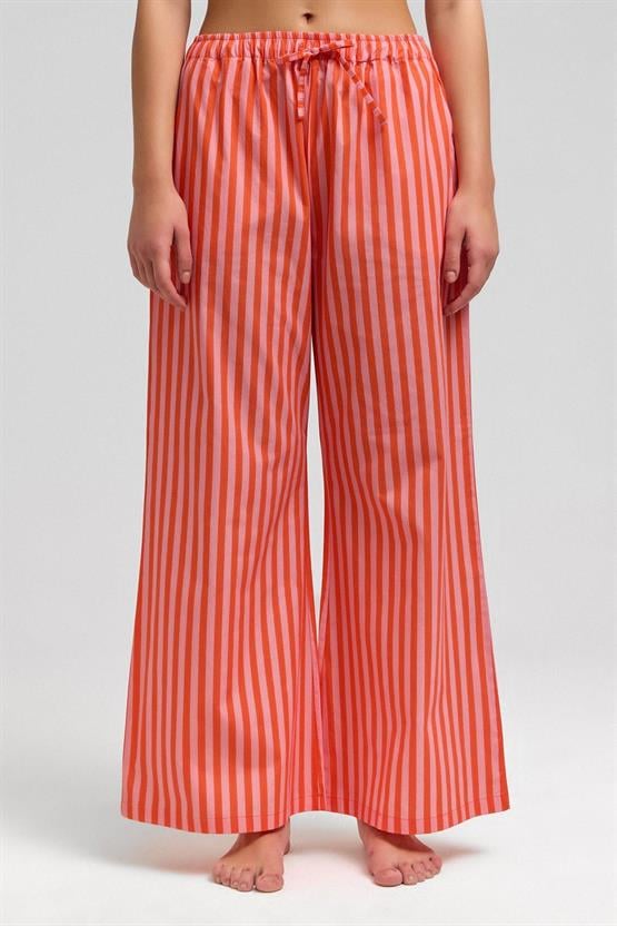 Mısırlı Kadın Pamuklu Poplin Çizgili Pijama Altı / Pantolon Turuncu-Pembe