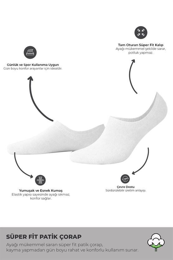 Mısırlı Unisex Pamuklu Süper Fit 4 Çift Sneaker Çorap Beyaz
