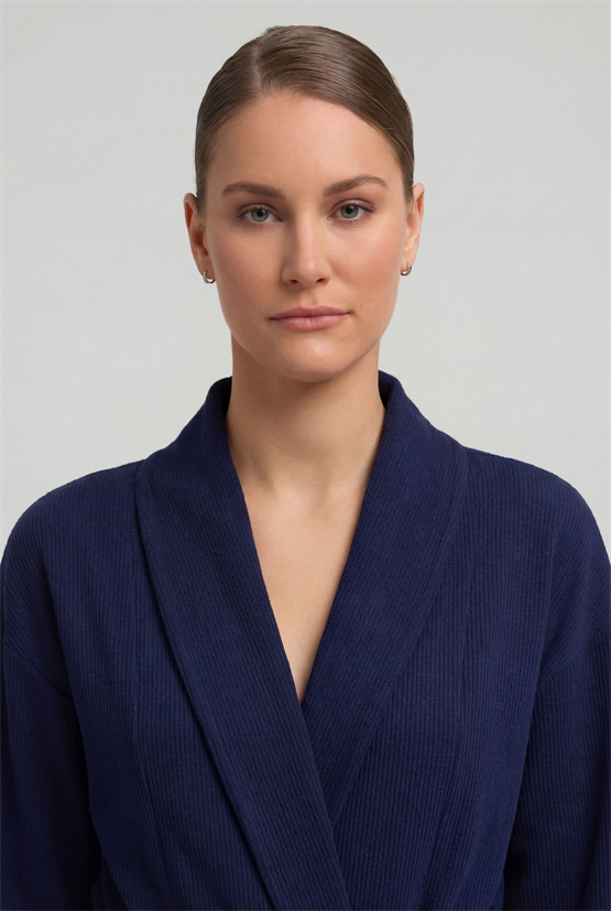 Mısırlı Kadın Pamuklu Waffle Kısa Sabahlık Lacivert