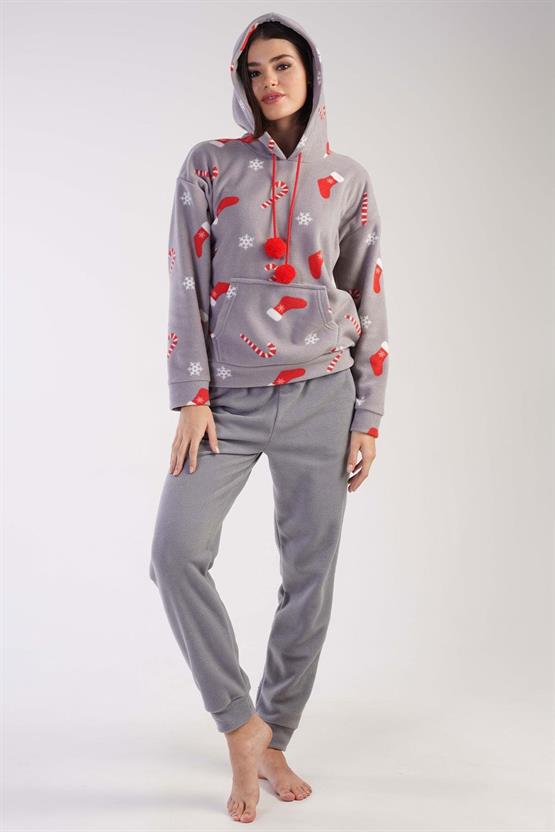 Mısırlı Kadın Polar Yılbaşı Temalı Kapüşonlu Pijama Takımı Gri