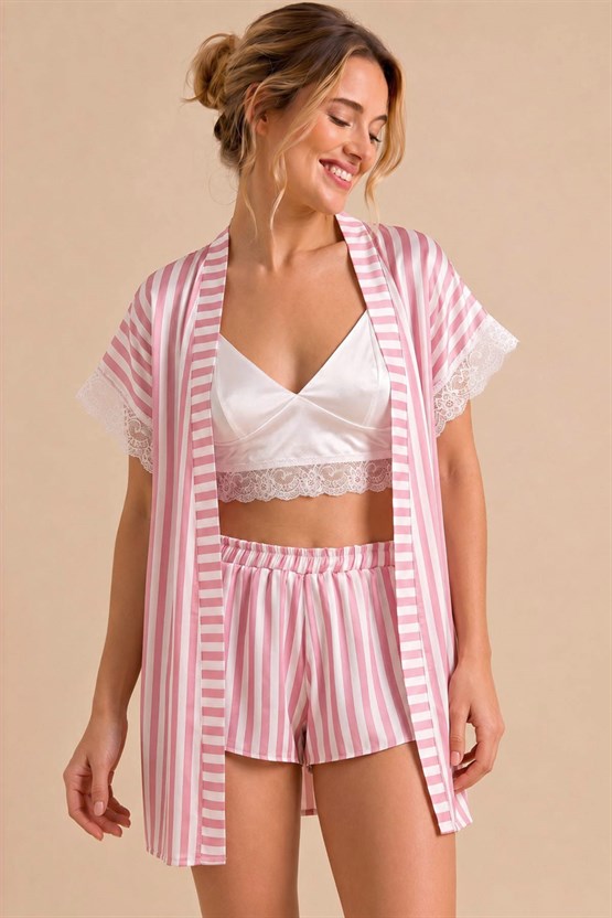 Mısırlı Kadın Saten Çizgili Short Üçlü Takım Pembe