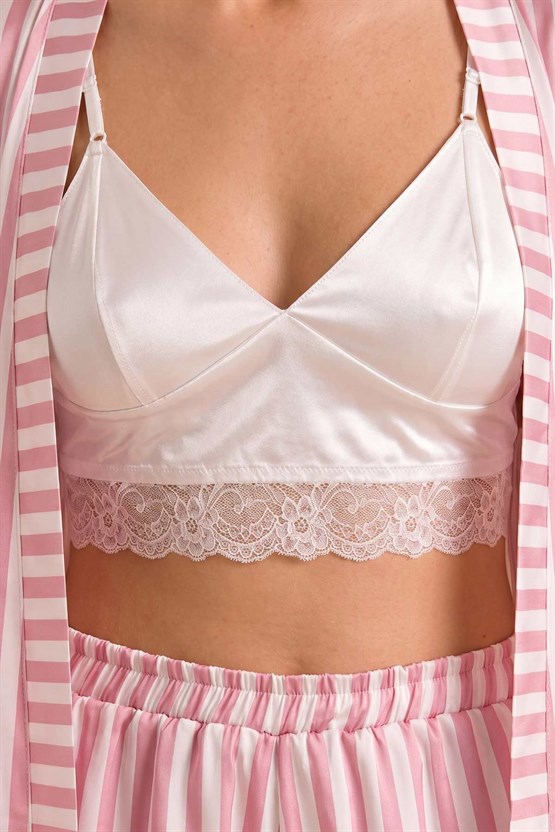 Mısırlı Kadın Saten Çizgili Short Üçlü Takım Pembe