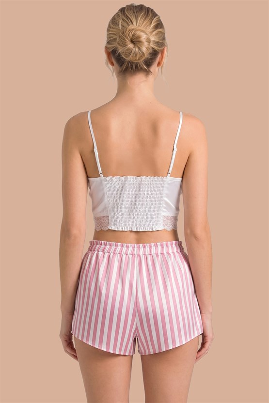 Mısırlı Kadın Saten Çizgili Short Üçlü Takım Pembe