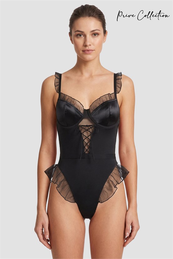 Mısırlı Kadın Tül Fırfır Detaylı Fantezi Body Siyah