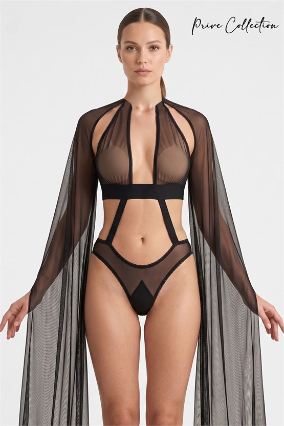 Mısırlı Kadın Tül Pelerinli Fantezi Body Siyah