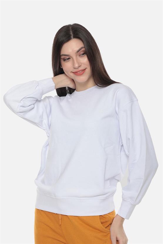Mısırlı Kadın Üç İplik Oversize Bisiklet Yaka Beyaz Sweatshirt