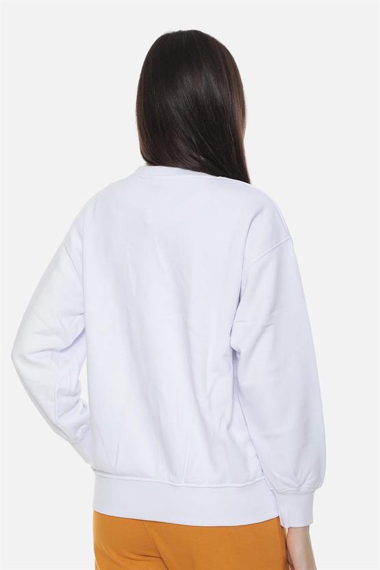 Mısırlı Kadın Üç İplik Oversize Bisiklet Yaka Beyaz Sweatshirt
