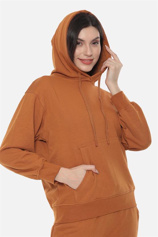 Mısırlı Kadın Üç İplik Oversize Kapüşonlu Tobacco Sweatshirt