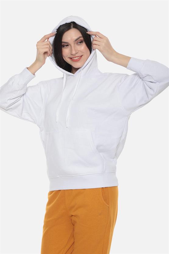 Mısırlı Kadın Üç İplik Oversize Kapüşonlu Beyaz Sweatshirt