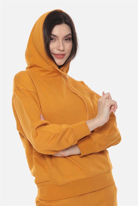 Mısırlı Kadın Üç İplik Oversize Kapüşonlu Camel Sweatshirt