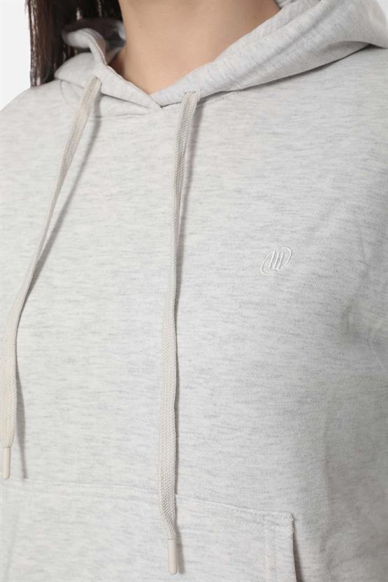 Mısırlı Kadın Üç İplik Oversize Kapüşonlu Gri Melanj Sweatshirt