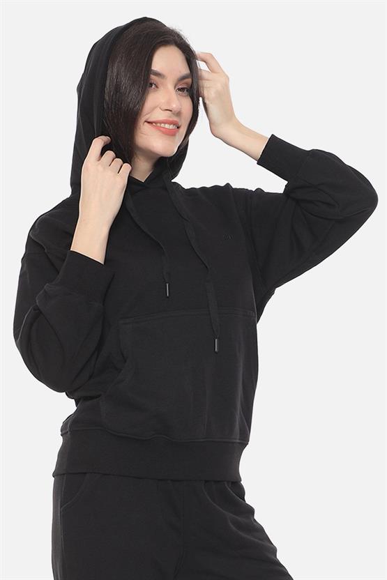 Mısırlı Kadın Üç İplik Oversize Kapüşonlu Siyah Sweatshirt