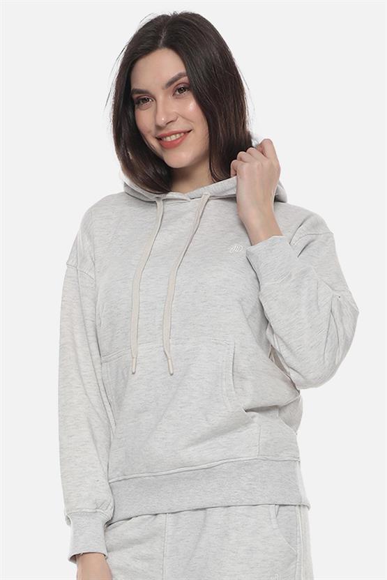 Mısırlı Kadın Üç İplik Oversize Kapüşonlu Gri Melanj Sweatshirt