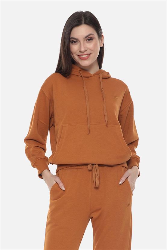 Mısırlı Kadın Üç İplik Oversize Kapüşonlu Tobacco Sweatshirt