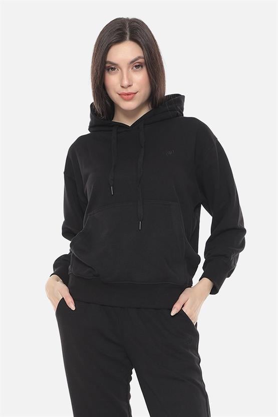 Mısırlı Kadın Üç İplik Oversize Kapüşonlu Siyah Sweatshirt