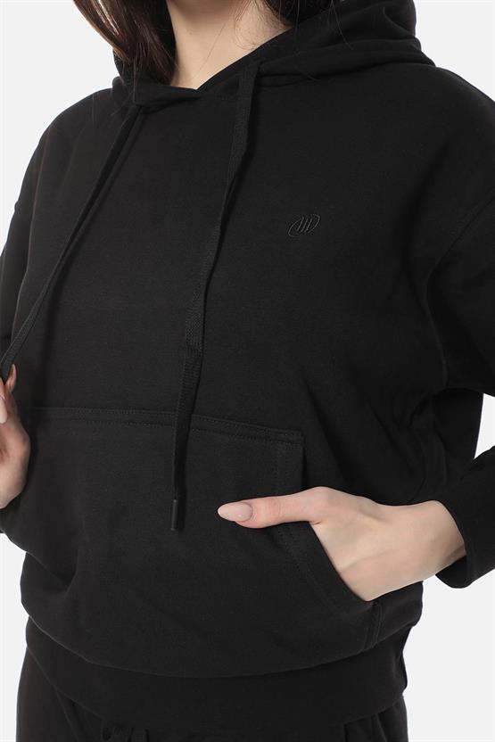 Mısırlı Kadın Üç İplik Oversize Kapüşonlu Siyah Sweatshirt