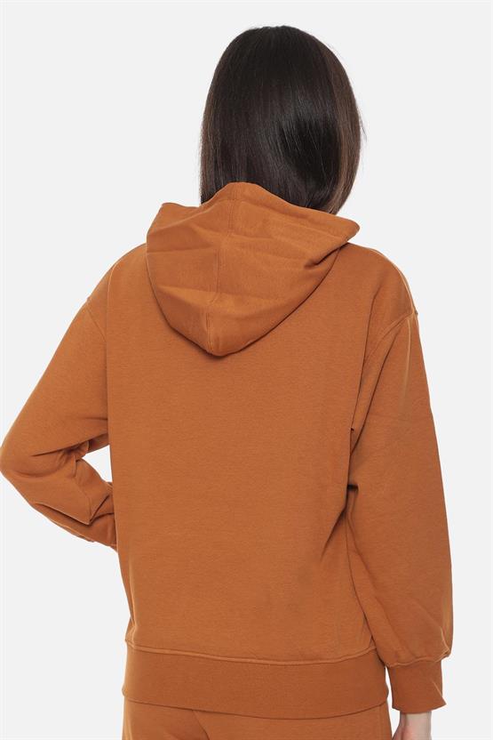 Mısırlı Kadın Üç İplik Oversize Kapüşonlu Tobacco Sweatshirt