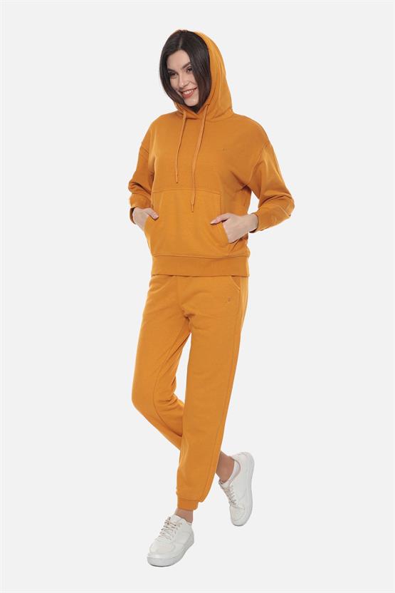 Mısırlı Kadın Üç İplik Oversize Kapüşonlu Camel Sweatshirt