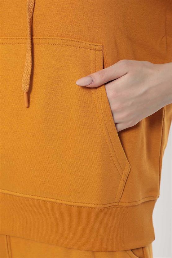 Mısırlı Kadın Üç İplik Oversize Kapüşonlu Camel Sweatshirt