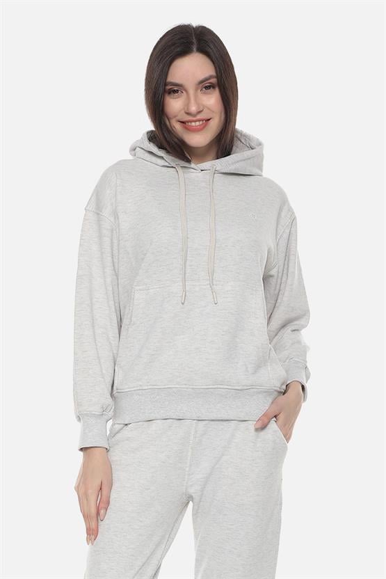 Mısırlı Kadın Üç İplik Oversize Kapüşonlu Gri Melanj Sweatshirt