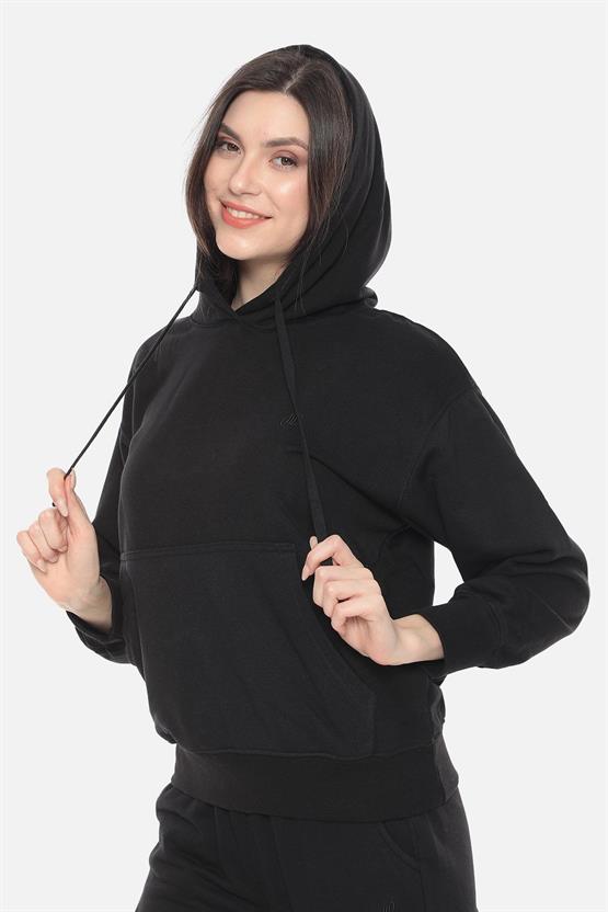Mısırlı Kadın Üç İplik Oversize Kapüşonlu Siyah Sweatshirt
