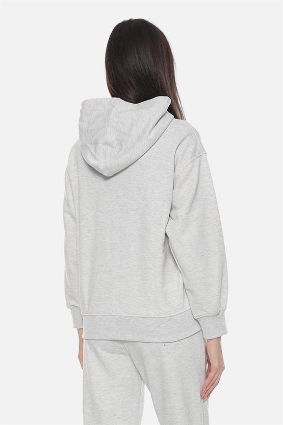 Mısırlı Kadın Üç İplik Oversize Kapüşonlu Gri Melanj Sweatshirt