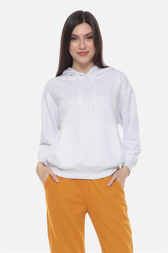 Mısırlı Kadın Üç İplik Oversize Kapüşonlu Beyaz Sweatshirt