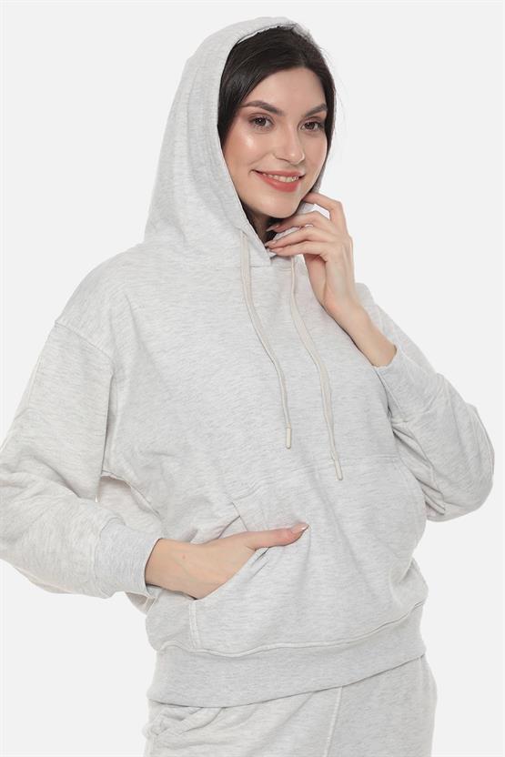 Mısırlı Kadın Üç İplik Oversize Kapüşonlu Gri Melanj Sweatshirt