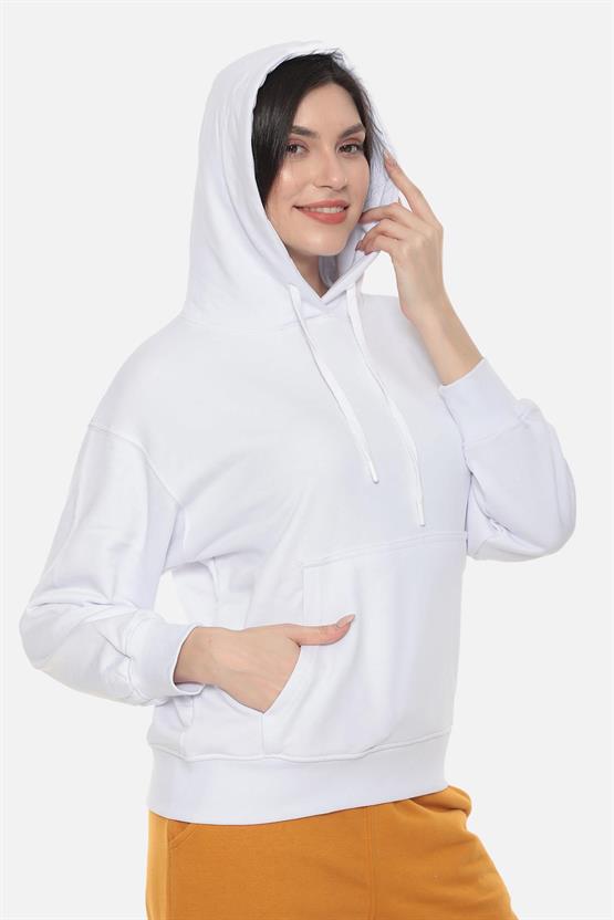 Mısırlı Kadın Üç İplik Oversize Kapüşonlu Beyaz Sweatshirt