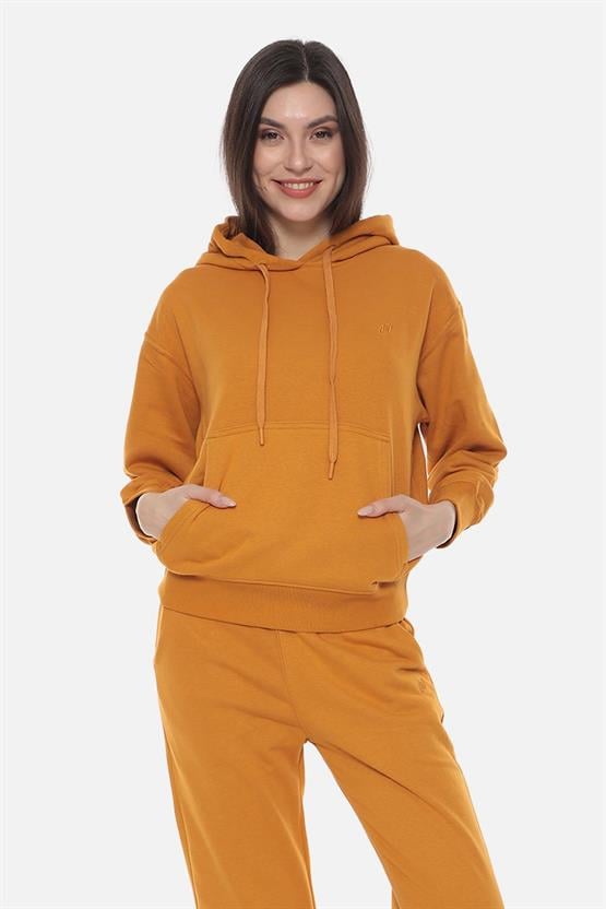 Mısırlı Kadın Üç İplik Oversize Kapüşonlu Camel Sweatshirt