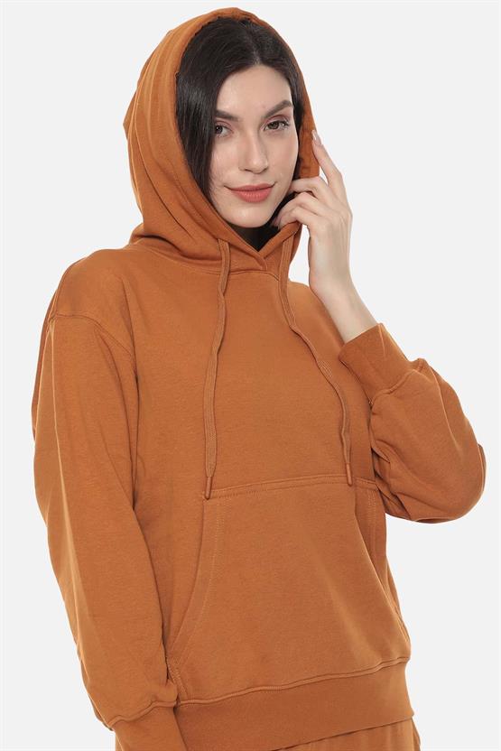 Mısırlı Kadın Üç İplik Oversize Kapüşonlu Tobacco Sweatshirt